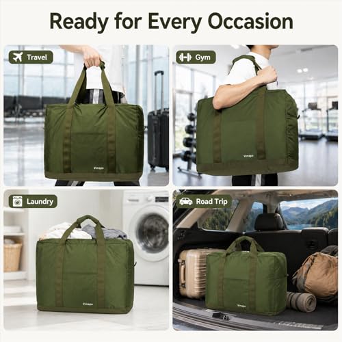 Vimapo Foldable Travel Duffle Bag with Trolley Sleeve 40L Capacity, Lightweight Packable Travel Duffel Bags with the Keyhole Zipper, Weekender Overnight Nylon Carry on Bag for Men & Women, Army Green