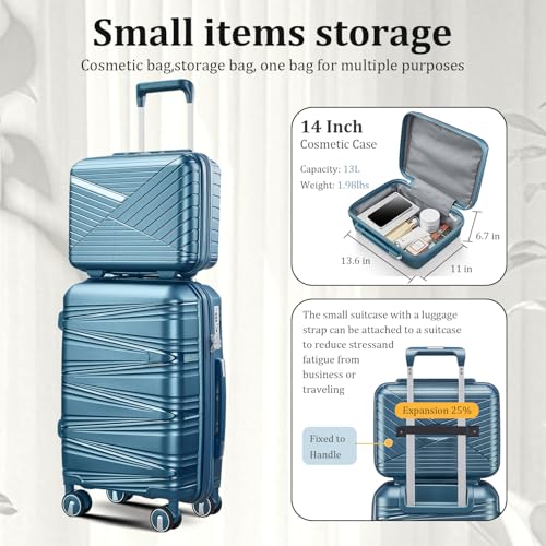 TRAVELEO 4 Piece Luggage Set PP Hardshell, Expandable Suitcase Set (20/24/28) with 14" Cosmetic Case, Lightweight Spinner Wheels with TSA Lock, Detachable Wheels for Nesting Storage (Peacock Blue)