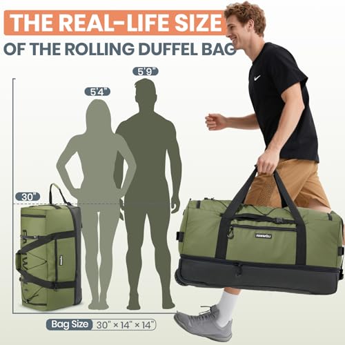 Fanwoli Collapsible & Expandable 100L-120L Large Rolling Duffle Bag - 30'' Waterproof Wheeled Luggage with No-Sag Heavyload Design, Lock & Soft Handle for Travel, Camping, Dorm, Moving (Green)