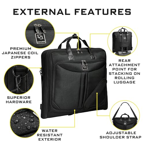 ZEGUR Premium Suit Garment Bag Carry On - Hangs 4 Suits - Travel & Business with Shoulder Strap and Laptop Compartment
