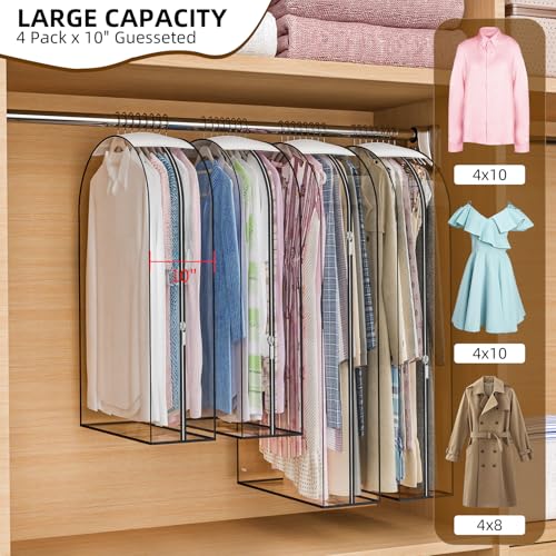 Jollygleam Upgraded Thickened Clear Garment Bags for Hanging Clothes 4 Packs (40 & 50 inch), 10“ Gusseted Clothes Hanging Storage Bags for Closet, Shirts, Coats, Dresses