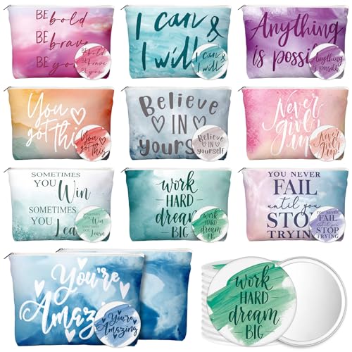 Vercraft Employee Appreciation Gift for Women Teacher Inspirational Canvas Makeup Bag Portable Compact Mirror Bulk Cosmetic Bag Thank You Volunteer CNA Nurse Coworker(Motivation,Pastel,20 Pcs)
