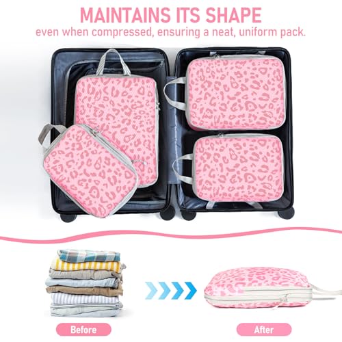 Lemoobolsa 4 Set Compression Packing Cubes For Travel Bags Organizer For Luggage Suitcase Organizer, Compression Bags For Travel Accessories Luggage Storage Set (4 Pcs, Pink Leoparda)