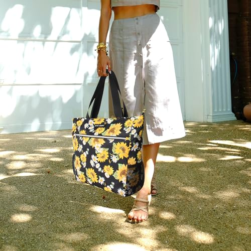 Betsey Johnson 15.6 Inch Zipper Beach Tote Bag with Cosmetic Pouch Lightweight Large Durable Polyester with Mesh Side Pockets for Gym Work, Sunflowers