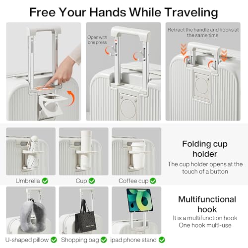 mixi Carry On Luggage with Cup Phone Holder Hard Shell Rolling Travel Suitcase with Spinner Wheels,20 Inch Smoke White