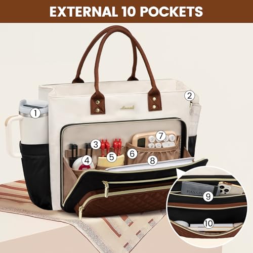 LOVEVOOK Teacher Tote Bag for Women Work, Laptop Bag With Large Cup Holder, Nurse Bags Professional Briefcase Business Computer Purses Bible Handbag Gifts, Black-Beige-Brown, 15.6 Inch