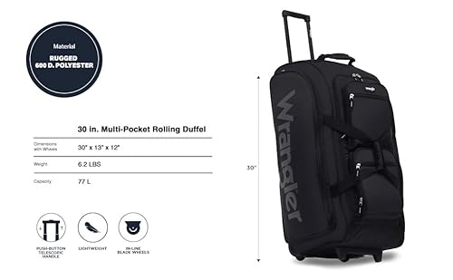 Wrangler Wesley Rolling Duffel Bag, Black, Large 30-Inch