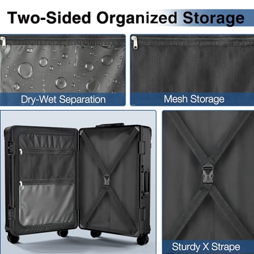 Krute Aluminum Frame Luggage 28 Inch Checked Suitcase With Wheels No Zipper PC Hard Shell Suitcases with Cup Holder and Charger Zipperless Large Travel Luggage