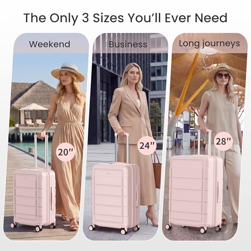 SHOWKOO Upgrade Luggage Sets 3pcs 100% PC Durable Expandable Luggage Suitcase with TSA Lock Double Wheels Pink
