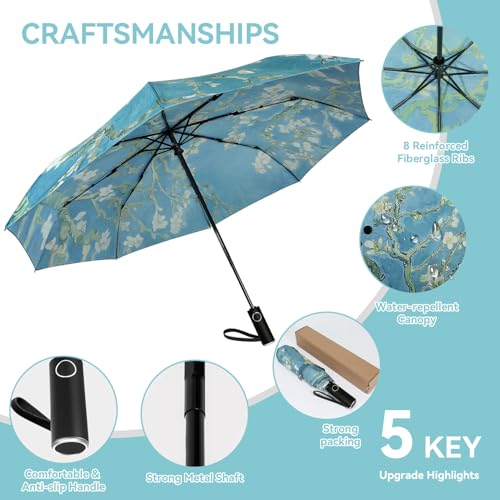 Ucrinei Van Gogh Folding Umbrella, Travel Umbrella with Starry Night Design, Auto Open & Close - Portable Compact Umbrella - Lightweight & Packable for Women & Men (Blooming Apricot Flower)