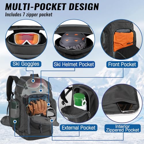 RESVIN Ski Boot Bag, 65L Durable Travel Backpack, 1680D Nylon Waterproof Snowboard Boot Bag, Skiing and Snowboarding Travel Luggage for Helmet, Goggles, Gloves, Outerwear & Accessories (Light Black)