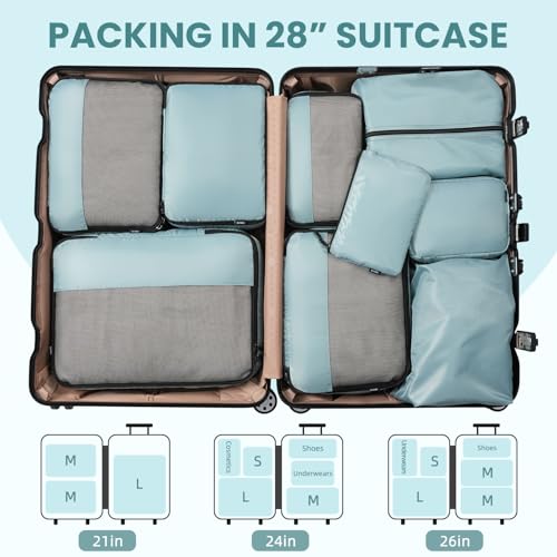 BAGAIL 8 Set/9 Set Packing Cubes Luggage Packing Organizer for Travel, Suitcase Packing Bags for Travel Accessories(Dusty Blue, 9 Set)