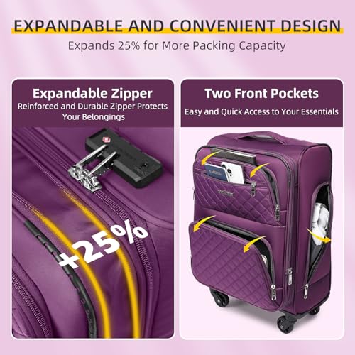LARVENDER Softside Carry On Luggage 4 Piece, Expandable Carry On Luggage 22x14x9 Airline Approved Underseat Suitcase with Spinner Wheels TSA Lock, Purple (16/20/BP/TB)