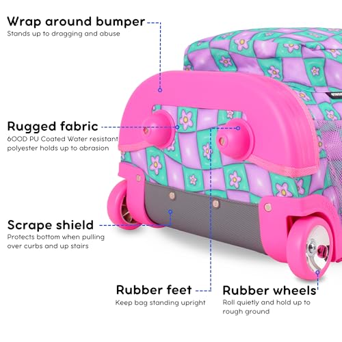 J World Sunrise Kids Rolling Backpack with Wheels for Girls Boys, Roller Bookbag for School, 18 x 13 x 9 Inches, Puffy Flower