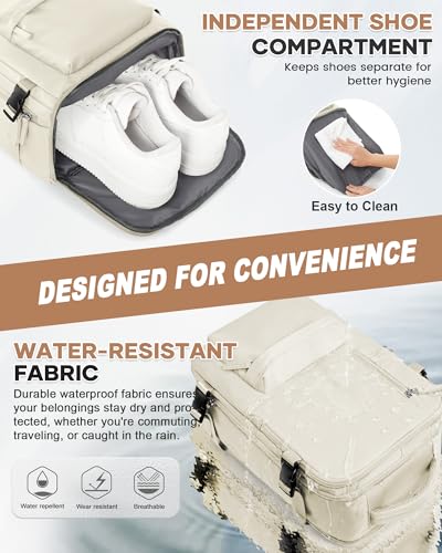 Large Travel Gym Backpack Women Carry On Backpack Flight Approved Hiking Waterproof Rucksack Casual Daypack Laptop bags airplanes Shoes Compartment Personal Item Travel Weekender Bag Essentials Beige