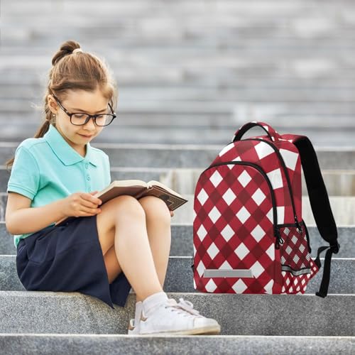 EtherSpher Dark Red and Pure White Checkered Designed carry on backpacks for kids with chest strap book bags for 10-12 year old para bebes varon