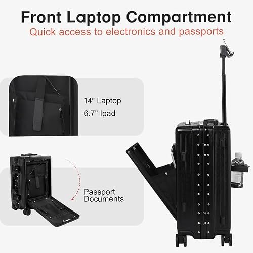 VentureVault Carry On Luggage 20 Inch, Aluminum Frame Zipperless Luggage, ABS+PC Hard Shell Suitcases, Carry On with Compartment for Short Trips, Suitcase Carry-on TSA Approved (Black)