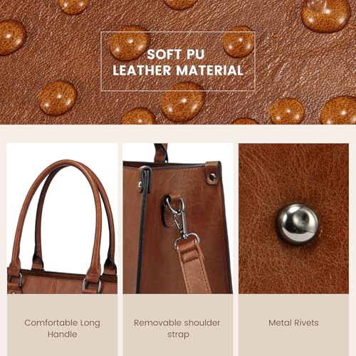 LOVEVOOK Laptop Tote Bag for Women, 17.3 Inch Professional Work Bag with Matching Clutch, Waterproof Vintage Leather Computer Tote for Office, Business Travel & Daily Use, Gift for Women