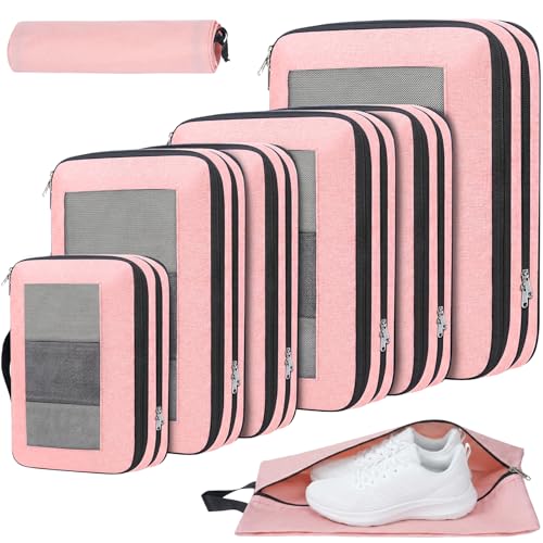 Prezon Compression Packing Cubes for Travel, Lightweight Vacation Travel Essentials, Travel Accessories for Suitcase Organizer Bags Set, Durable Luggage Organizer, 8 set, squre mesh, Rose Pink