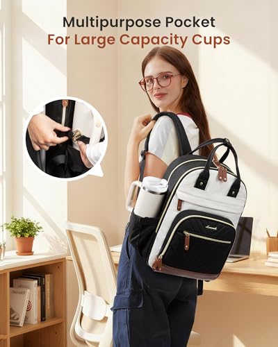 LOVEVOOK Laptop Backpack Women with Giant Tumbler Holder,15.6 inch Waterproof Work Travel Backpack Computer Laptop Bag,Cute College Nurse Teacher Backpack Purse,Gifts for Women & Men,Beige-Black-Brown