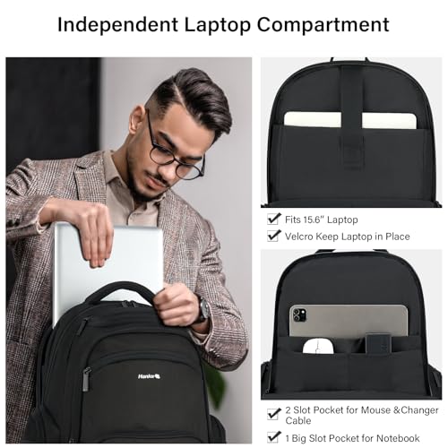 Hanke College Laptop Backpack Multi-Pocket, 18-Inch Large Travel Backpack for Men Women, Water Resistant College Bookbag for 15.6 Inch Laptop, Casual Daily Personal Item Size Airline Approved,Black