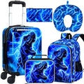5PCS Kids Carry on Luggage Set, Airline-Approved Suitcases with 360° Spinner Wheels, Cute Travel Suitcase for Boys & Toddlers - Lightning T-Rex Blue