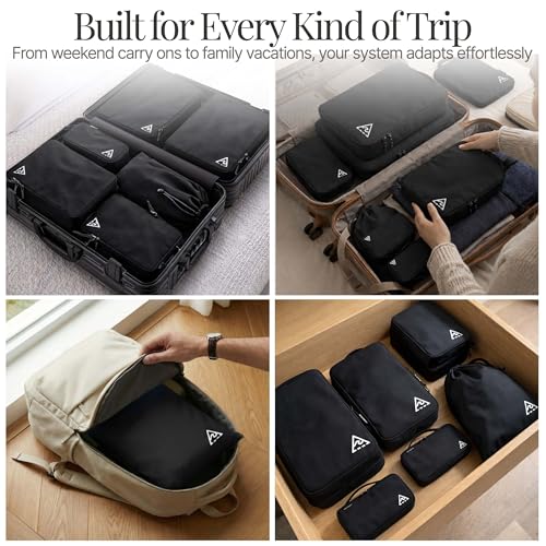 Well Traveled 8 pcs Compression Packing Bags Cubes Set with HybridMax Double-Capacity Design - Packing Cubes for Travel Compression to Maximize Limited Luggage Space, Black