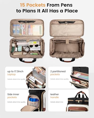LOVEVOOK Rolling Teacher Bag with Detachable Dolly and Laptop Compartment, Large Rolling Tote Bag fits for 17.3" Laptop for Teacher Office Work Craft Nurse, Black-beige-brown