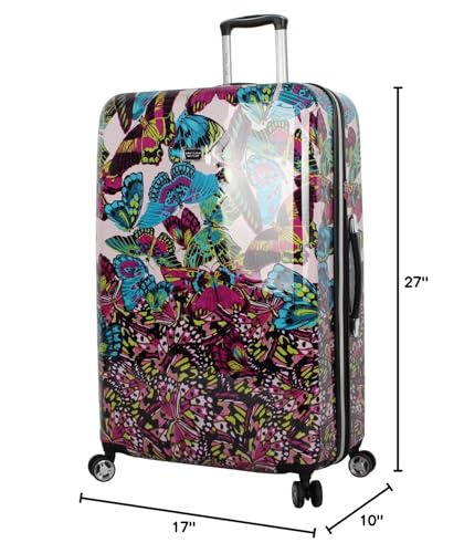 Betsey Johnson 26 Inch Checked Luggage Collection - Expandable Scratch Resistant (ABS + PC) Hardside Suitcase - Designer Lightweight Bag with 8-Rolling Spinner Wheels (Magenta Butterfly, 26IN)