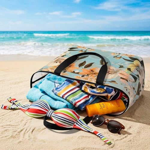 Watercolor Flower Mesh Beach Bag Tote Waterproof Sandproof,Lily Seasonal Botanical Blooms Summer Pool Bag Beach Essential