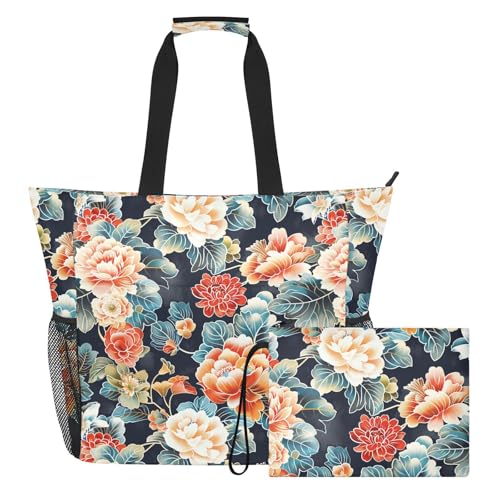 tplaotee Japanese Water Lily Bloom Sturdy travel tote bags for women with zipper bags for women tote for Travel Gym Vacation