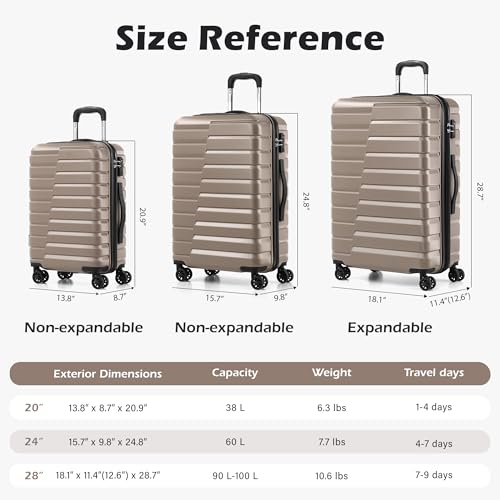 Coolife Luggage Sets, 3 Piece Hard Shell Suitcase Set with Spinner Wheels, Expandable Large Checked Luggage, Lightweight Rolling Carry On with TSA Lock Brown