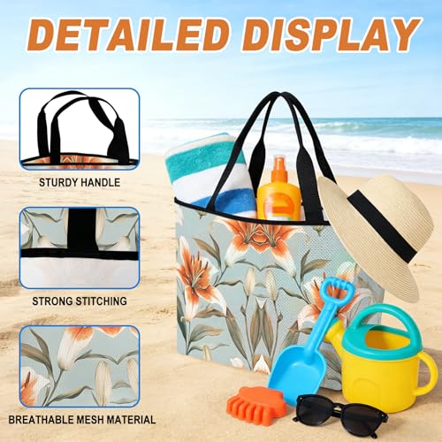 Lily Flower Mesh Beach Bag, Watercolor Country Blooms Spring Botanical Art Large Tote Bag for Swim Pool Beach Travel