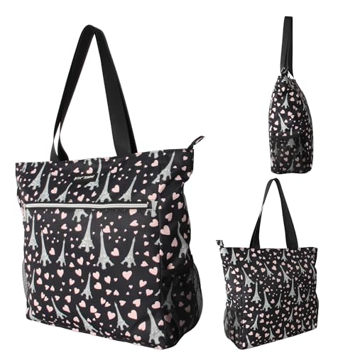 Betsey Johnson 15.6 Inch Zipper Beach Tote Bag with Cosmetic Pouch Lightweight Large Durable Polyester with Mesh Side Pockets for Gym Work, Paris Love