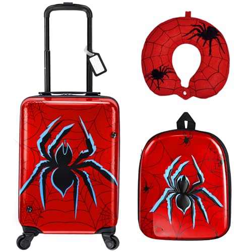 Sanwuta 4 Pcs Spider Luggage Sets 18 Inch Carry on Rolling Suitcase Backpack Neck Pillow Travel Set Gift for Kids Boys