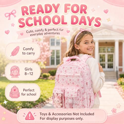BTOOP Multi-Compartment Kids Backpack for Girls, Cute Pink Bow School Backpack with Chest Strap, Side Pocket Fits 40 oz Tumbler, Luggage Strap, Girls Bookbag for Elementary Middle School