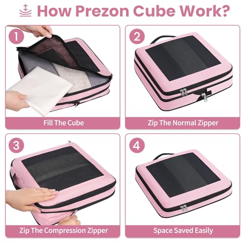 Prezon Compression Packing Cubes for Travel, Lightweight Vacation Travel Essentials, Travel Accessories for Suitcase Organizer Bags Set, Durable Luggage Organizer, 8 set, squre mesh, Rose Pink