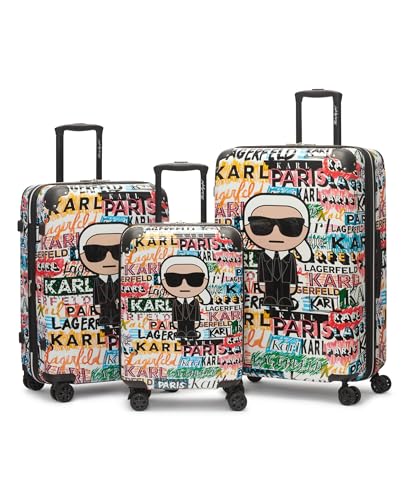 KARL LAGERFELD Paris Women's Logo Explosion Upright Hardside Suitcase, Multi, Large