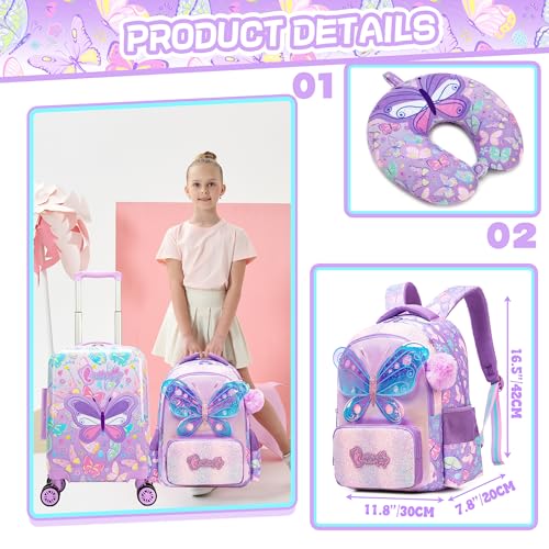 Esteemly Kid's Luggage Set 5 Piece Suitcase Set 16" Hardside Luggage with Spinner Wheels Girls Carry on Toddler Travel Rolling Suitcase with Neck Pillow Airline Approved