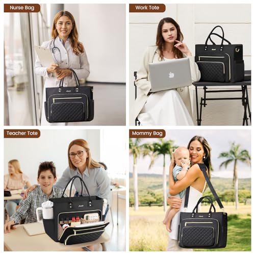 LOVEVOOK Teacher Tote Bag for Women Work, Laptop Bag Work Tote Bag Nurse Bags With Large Cup Holder, Professional Computer Briefcase Business Large Purses Handbag, Diaper Bag Mother Gift, Black
