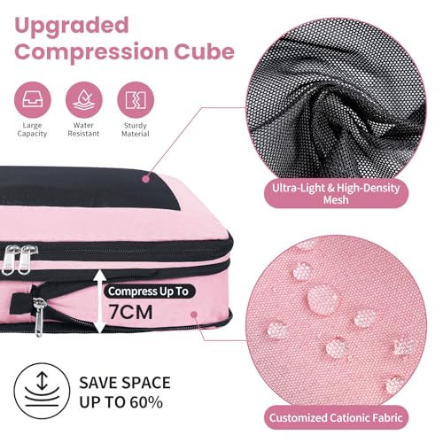 Prezon Compression Packing Cubes for Travel, Lightweight Vacation Travel Essentials, Travel Accessories for Suitcase Organizer Bags Set, Durable Luggage Organizer, 8 set, squre mesh, Rose Pink