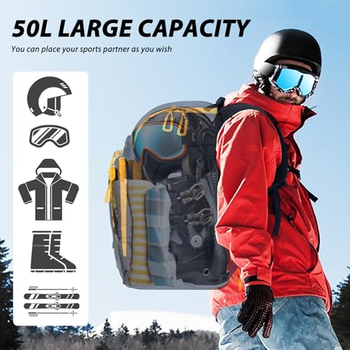 50L Ski Backpack - Water-resistant Ski Boot Bag for Men & Women, Ski Bag with Helmet Holder, Separate Compartments for Goggles, Gloves, Snowboard & Accessories, Durable Ski Carry On Backpack