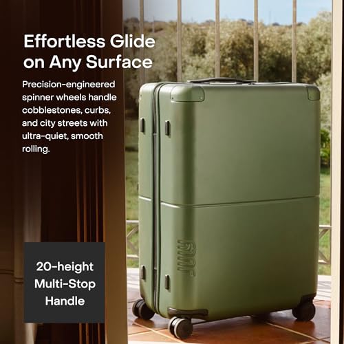 July Checked Plus with CaseSafe - 28.75" Built in Tracking, Airline Approved Check In Luggage with Wheels, Rolling Suitcase for Men & Women - Silent Spinner Wheels, Y-Strap - Moss