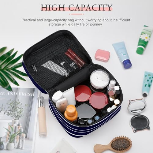 Curdesi Portable Travel Makeup Bag, Nautica Navy Blue Cosmetic Case Zipper Toiletry Bag for Women Girls
