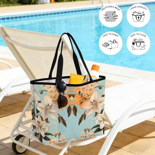 Watercolor Flower Mesh Beach Bag Tote Waterproof Sandproof,Lily Seasonal Botanical Blooms Summer Pool Bag Beach Essential