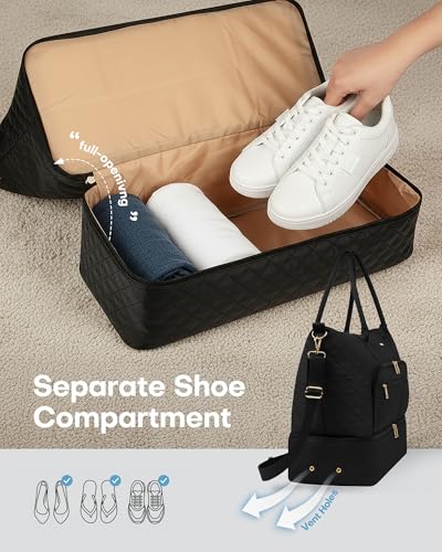 HOTOR Travel Duffle Bag for Women - Carry on Bag with Toiletry Pouch & Shoe Compartment, Large Overnight Weekender Bags for Gym, Business Trips, Sports and Hospital, Black, 17.3" x 7.9" x 13.4"