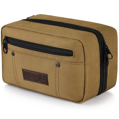 Wrangler Toiletry Bag for Men, Travel Shaving Dopp Kit, Oxford Fabric Tech Kit Bathroom Organizer, Gifts for Men, Brown
