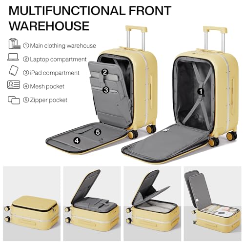 mixi Carry On Luggage, 20'' Suitcase with Front Pocket, Travel Rolling Luggage Aluminum Frame PC Hardside with Spinner Wheels & TSA Lock and Cover - Lark Yellow