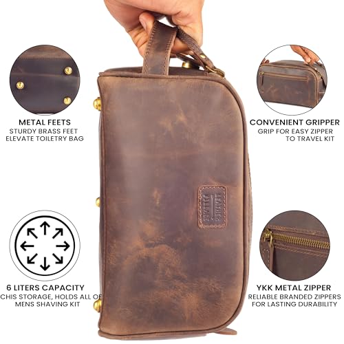 LEATHER VILLAGE Genuine Leather Toiletry Travel Bag With Waterproof Lining - Brown | King-Size Handcrafted Vintage Dopp Kit Bag, Shaving & Bathroom Organizer, Gift for Men & Women
