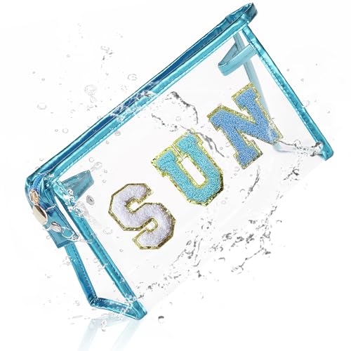 COSHAYSOO Clear Sunscreen Makeup Bag Beach Vacation Essentials Waterproof Summer Pool Must Have Accessories for Women Teen Girls Gifts, European Airplane Cruise Tropical Travel Toiletry Pouch Blue SUN